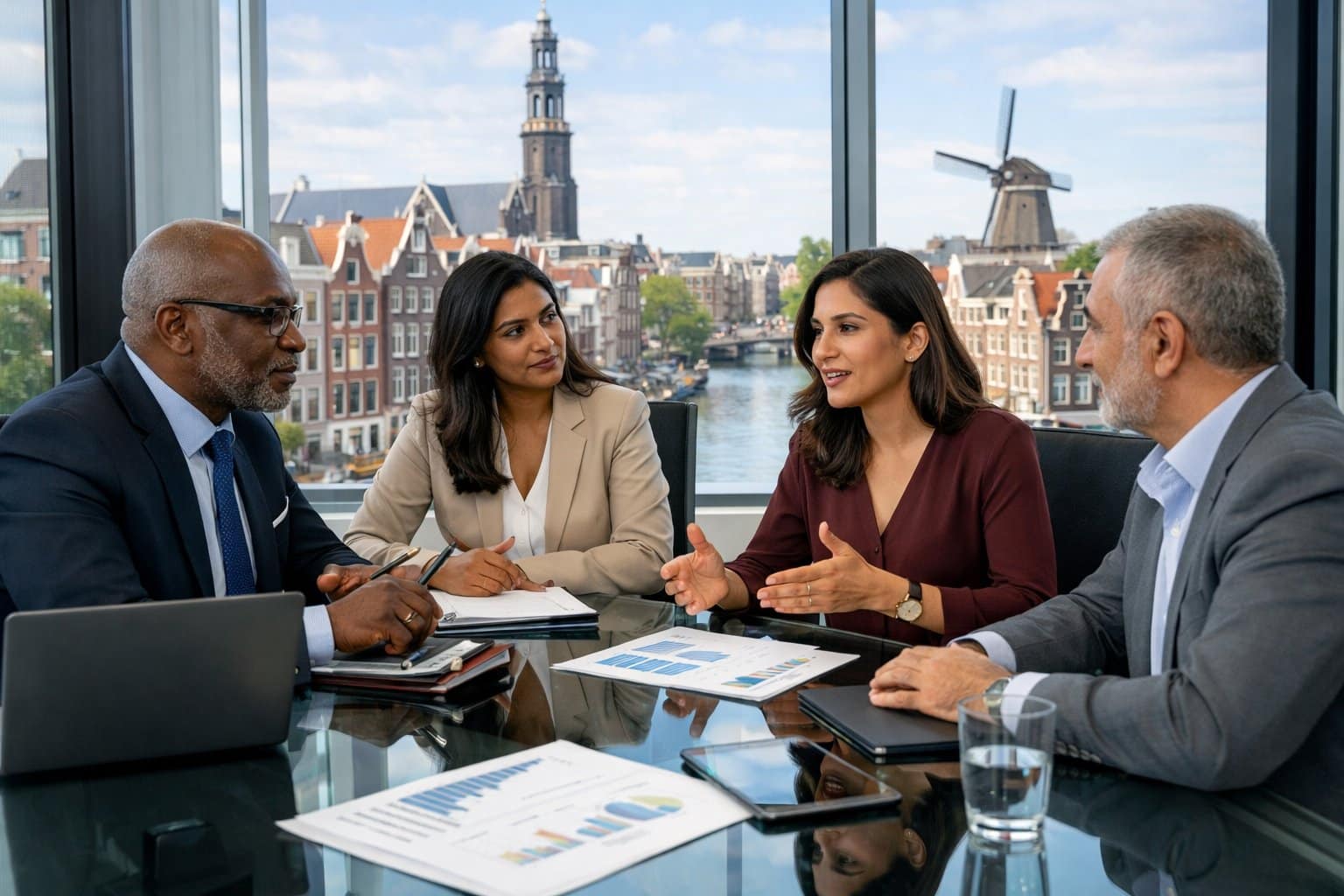 A diverse group of businesspeople in a boardroom having a serious discussion with documents and laptops on the table, with a city view through the window.