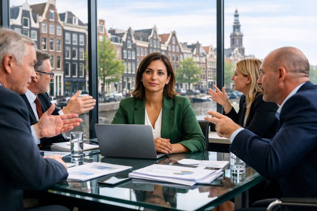 A minority shareholder sitting at a boardroom table with other shareholders discussing business in a modern office with a city view.