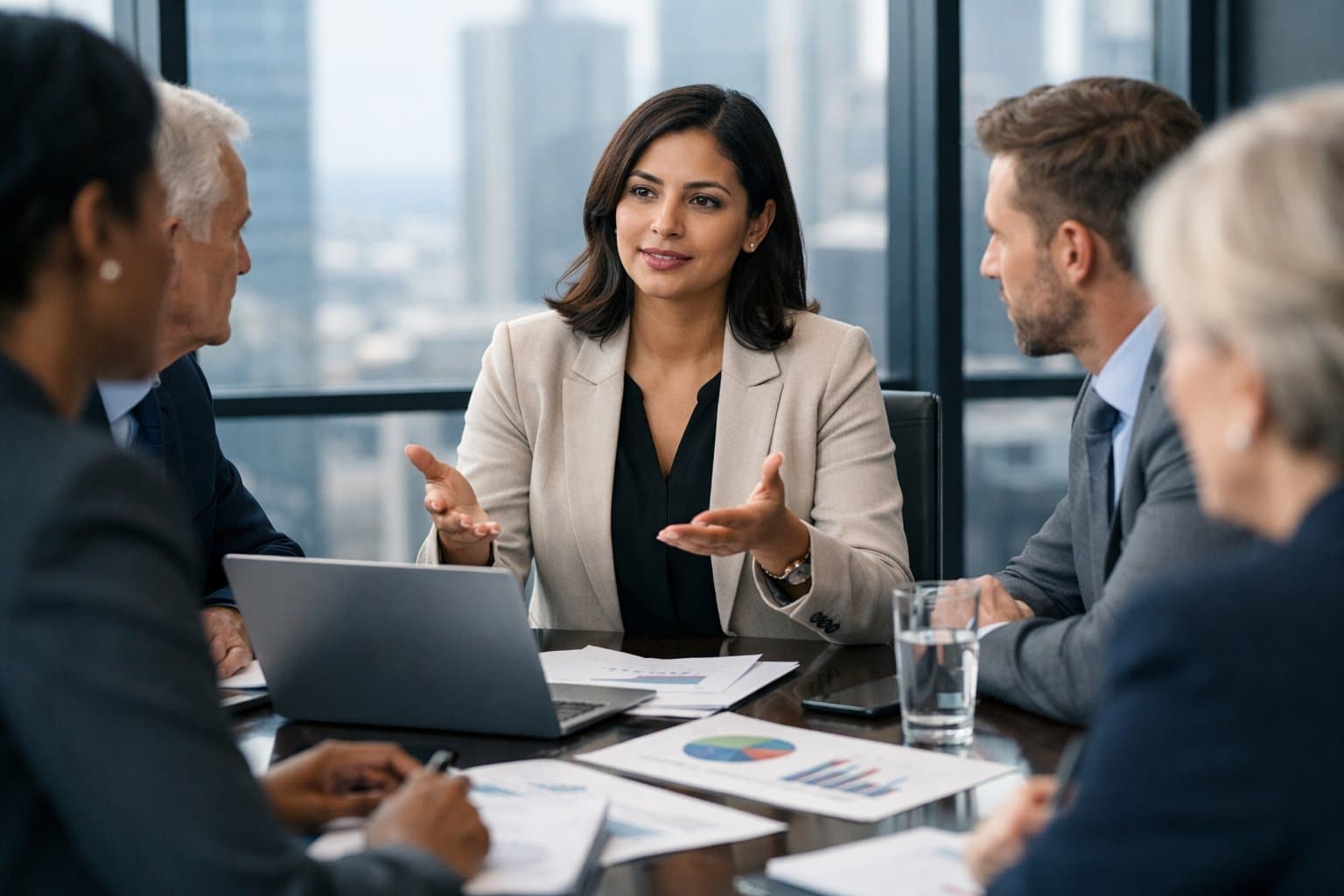 A diverse group of businesspeople in a meeting room, with a woman confidently presenting while others listen attentively.