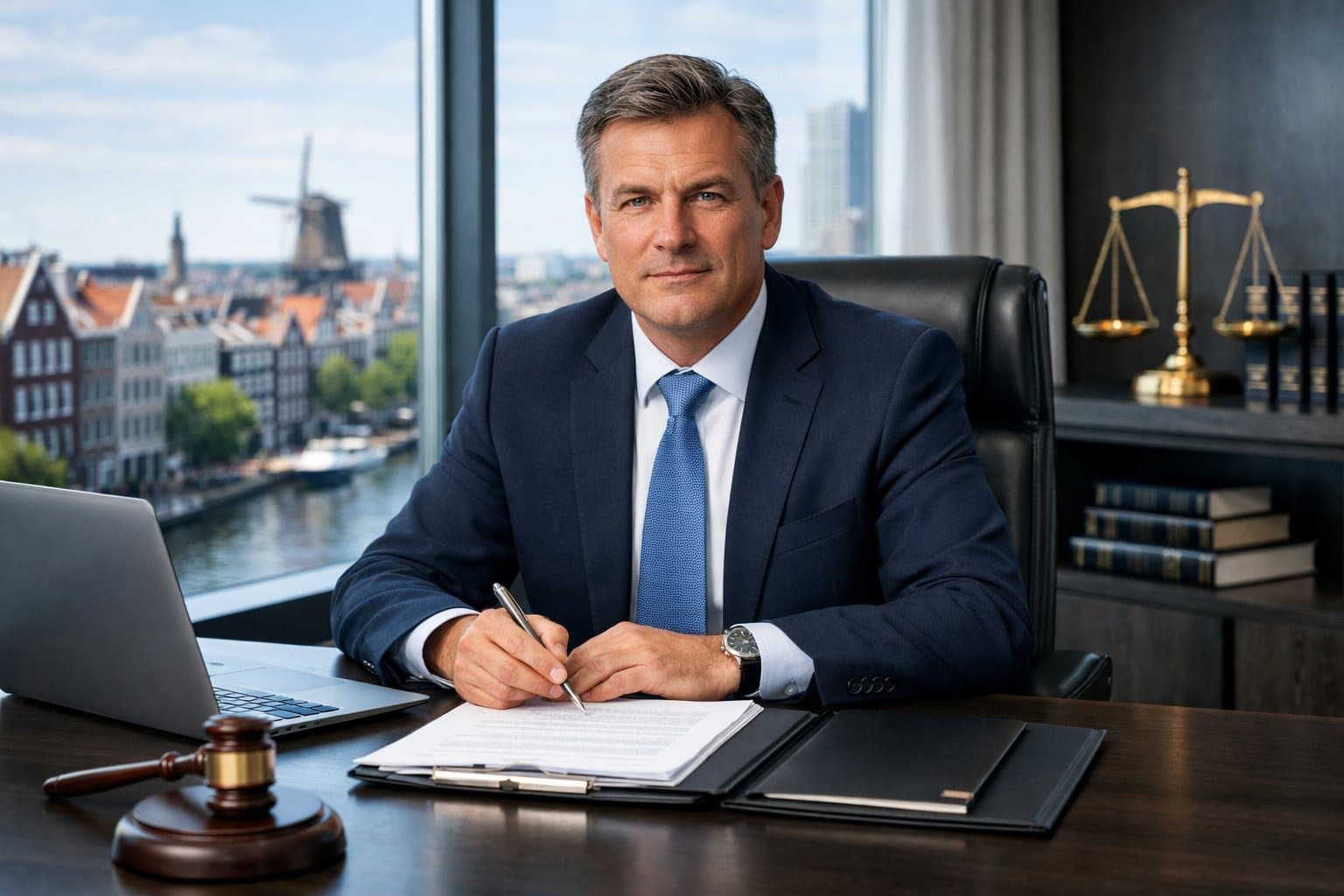 A businessperson in formal attire sitting at a desk in a modern office with legal items and a city view in the background.