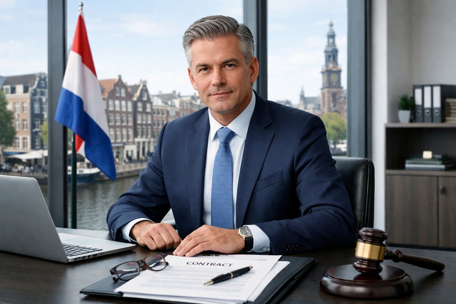 A businessperson in an office with legal documents and a laptop, looking focused and responsible.