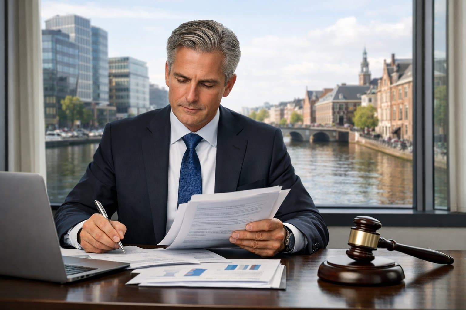 A businessperson in formal attire reviewing documents at a desk with a laptop and gavel, with a cityscape visible through a large window behind them.