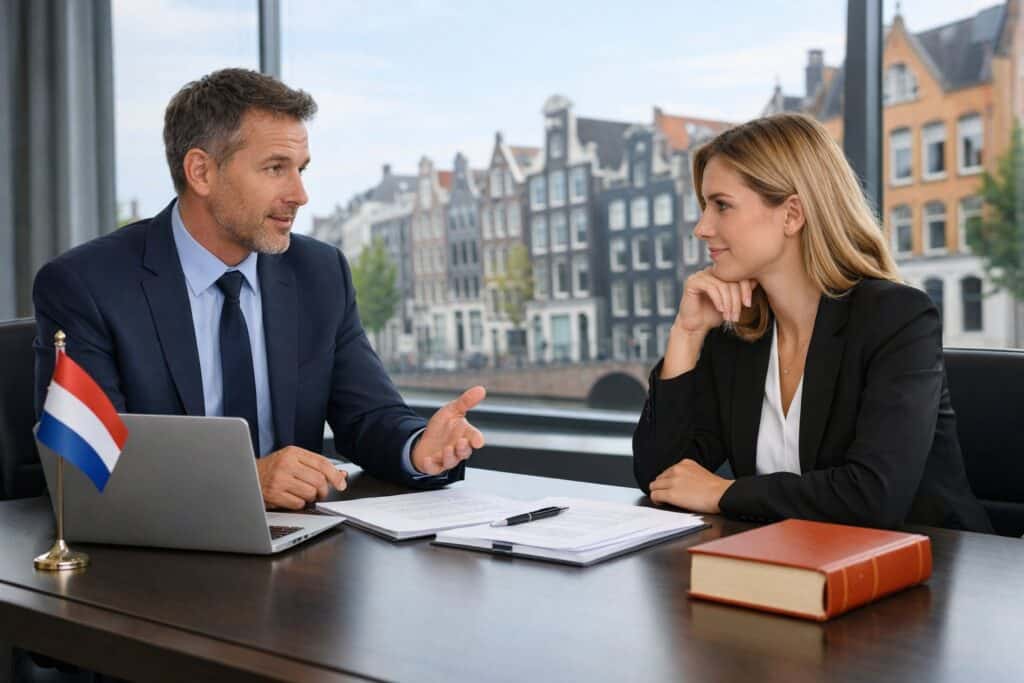 Settlement Agreement vs UWV Dismissal in the Netherlands: Pros & Cons 2 Two professionals in an office discussing documents at a conference table with a city view featuring Dutch architecture in the background.