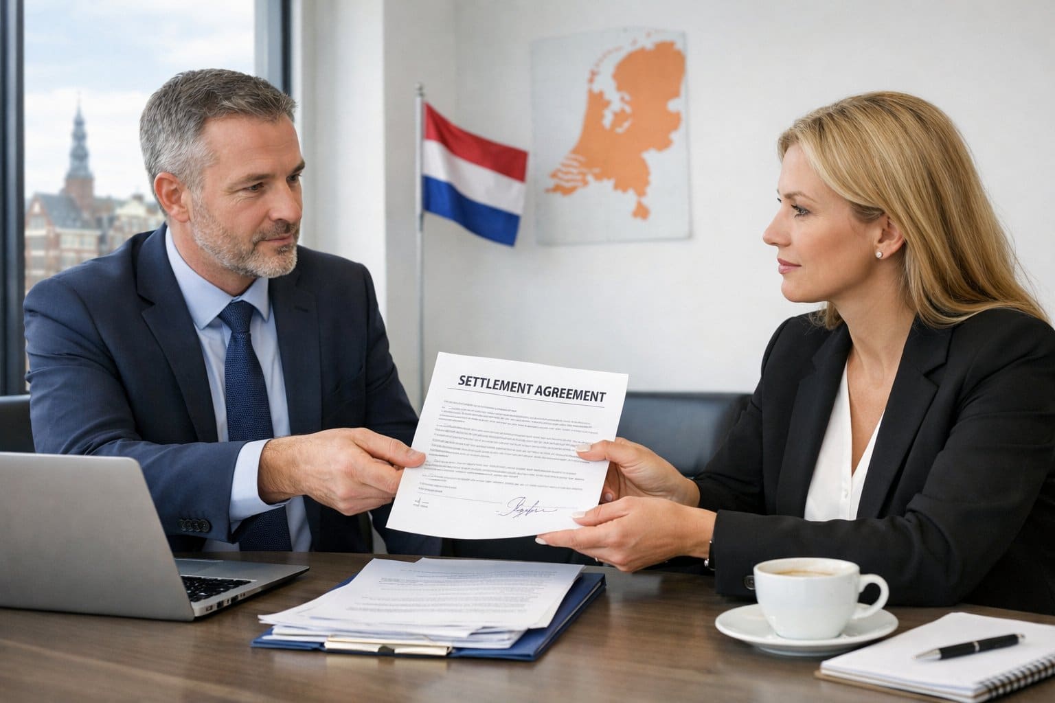 Settlement Agreement vs UWV Dismissal in the Netherlands: Pros & Cons 4 Two people in a bright office discussing and exchanging documents at a conference table with a view of a Dutch city outside the window.