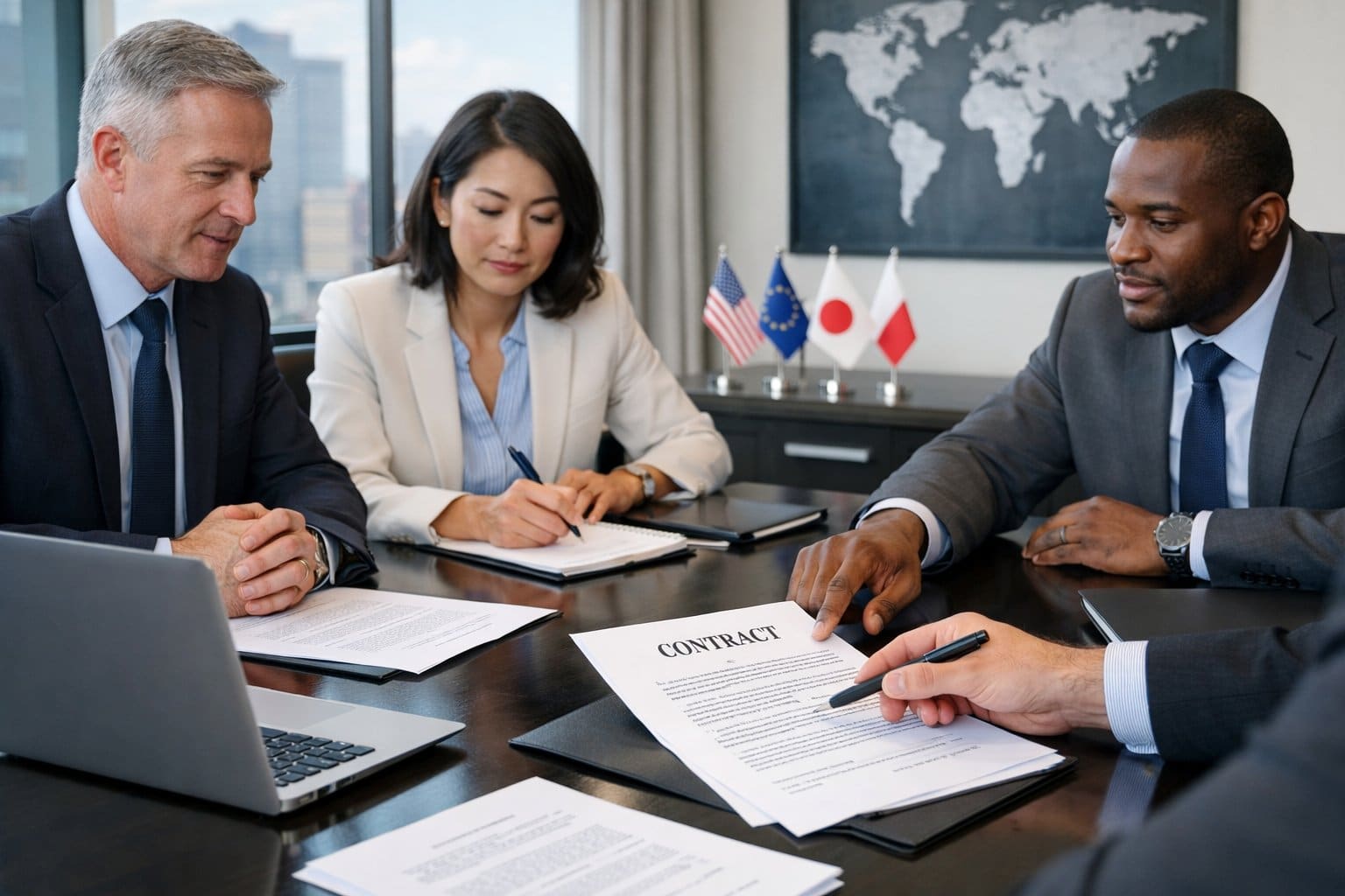 International Commercial Contracts: The 5 Most Common Mistakes and Prevention Strategies 1 A diverse group of business professionals in a meeting room reviewing documents together.