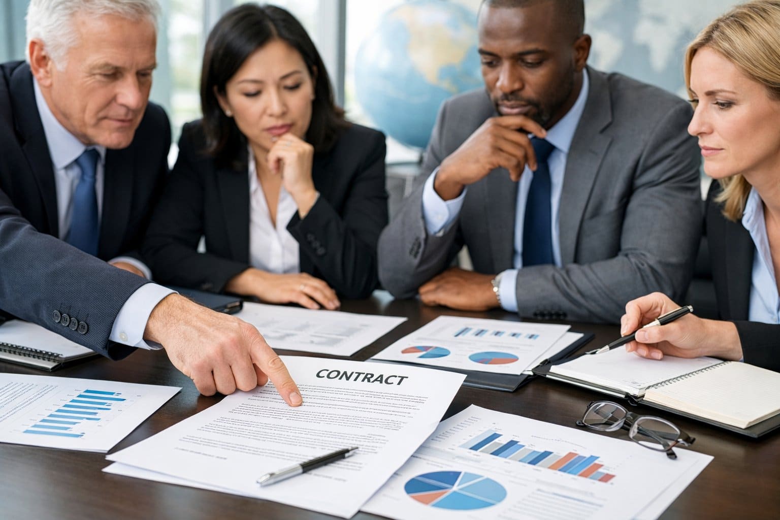 International Commercial Contracts: The 5 Most Common Mistakes and Prevention Strategies 3 A group of business professionals around a conference table reviewing contract documents and discussing them in an office with a world map in the background.