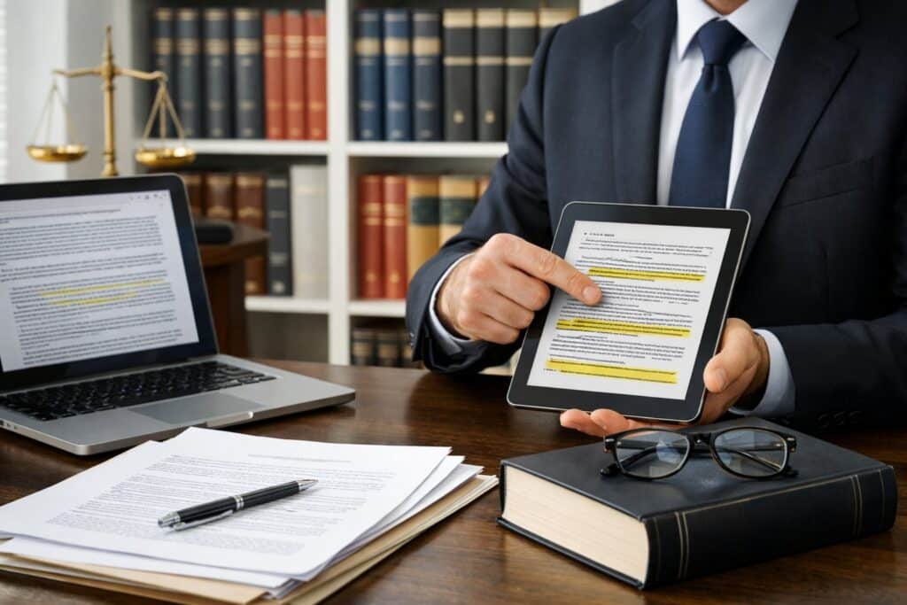 Evidence Rules in Dutch Civil Litigation: What’s New Under Articles 194/195 DCCP? 2 A lawyer in a modern office pointing at a tablet with legal documents and books about Dutch civil litigation on a desk.