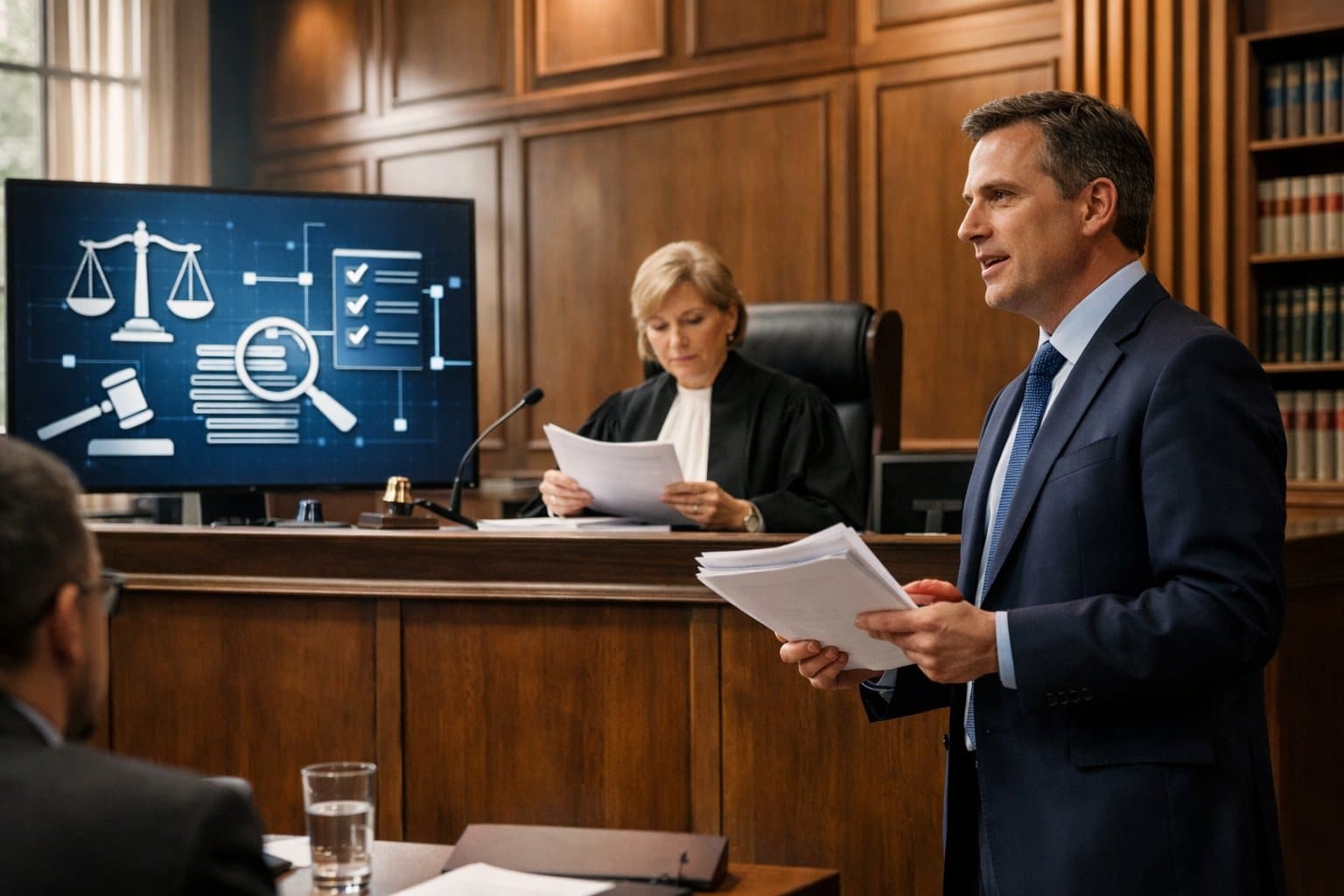 Evidence Rules in Dutch Civil Litigation: What’s New Under Articles 194/195 DCCP? 4 A judge and a lawyer in a courtroom reviewing legal documents with a digital screen showing legal graphics in the background.