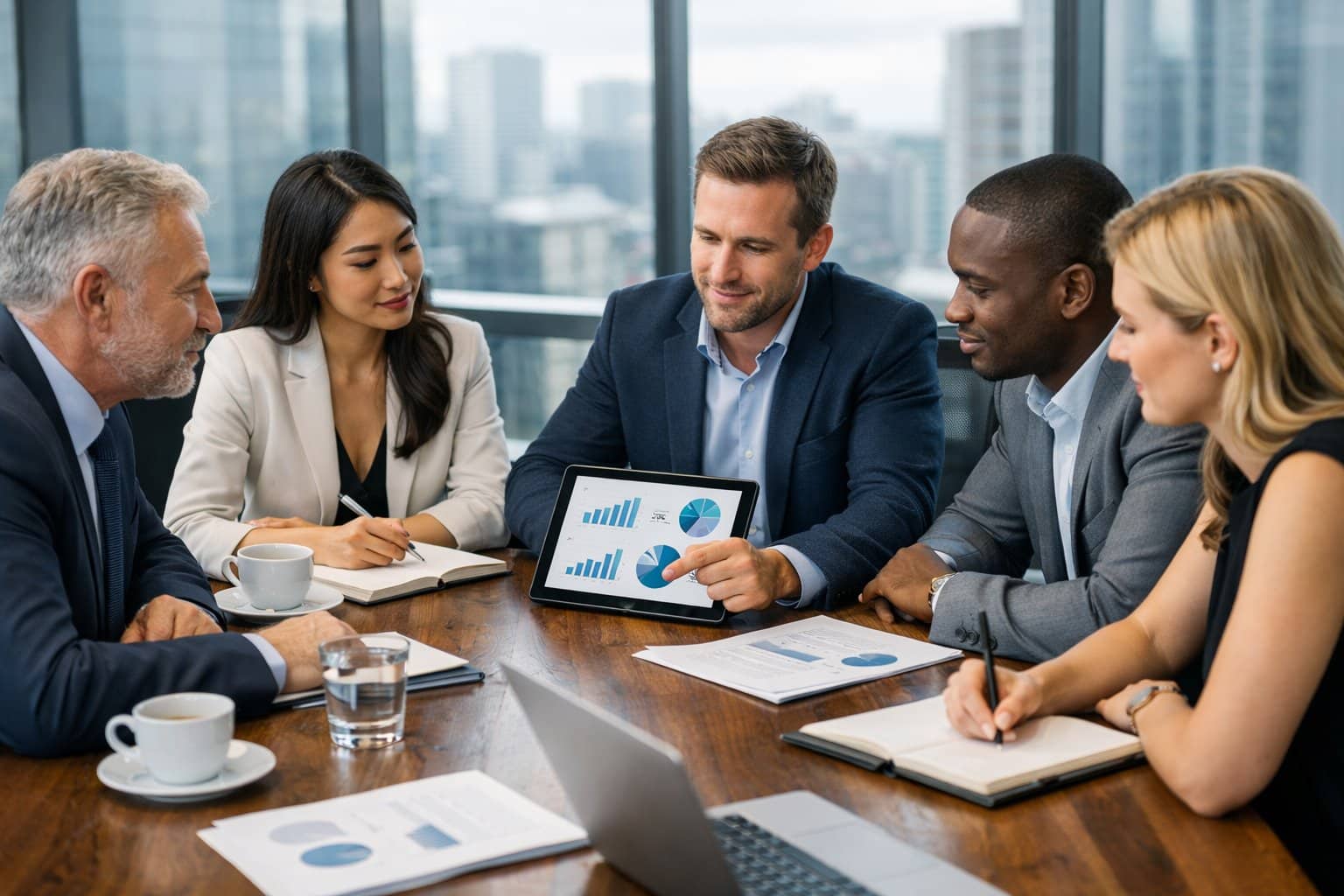 A group of international business people having a meeting around a conference table in a modern office with a city view.