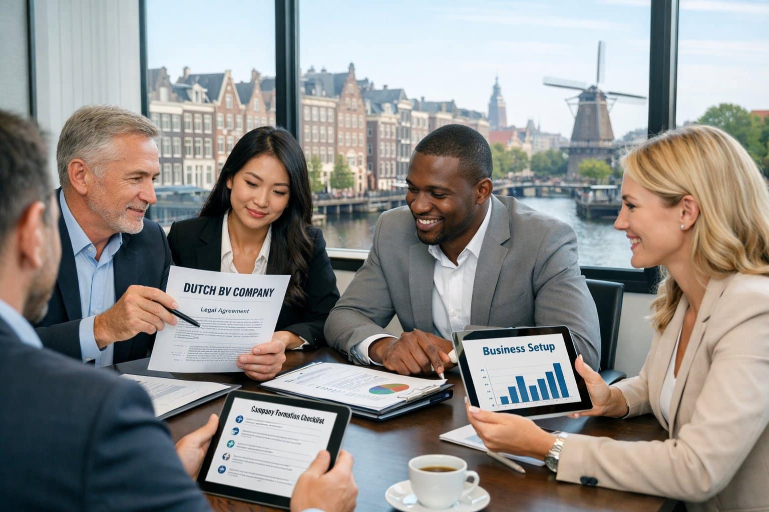 A diverse group of business professionals in a modern office discussing documents around a conference table with a cityscape featuring Dutch architecture visible through a window.