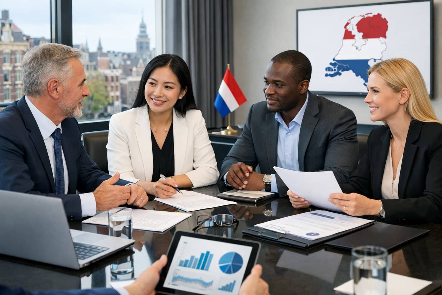 A diverse group of business professionals in a meeting room discussing legal documents and using laptops, with a city view in the background.