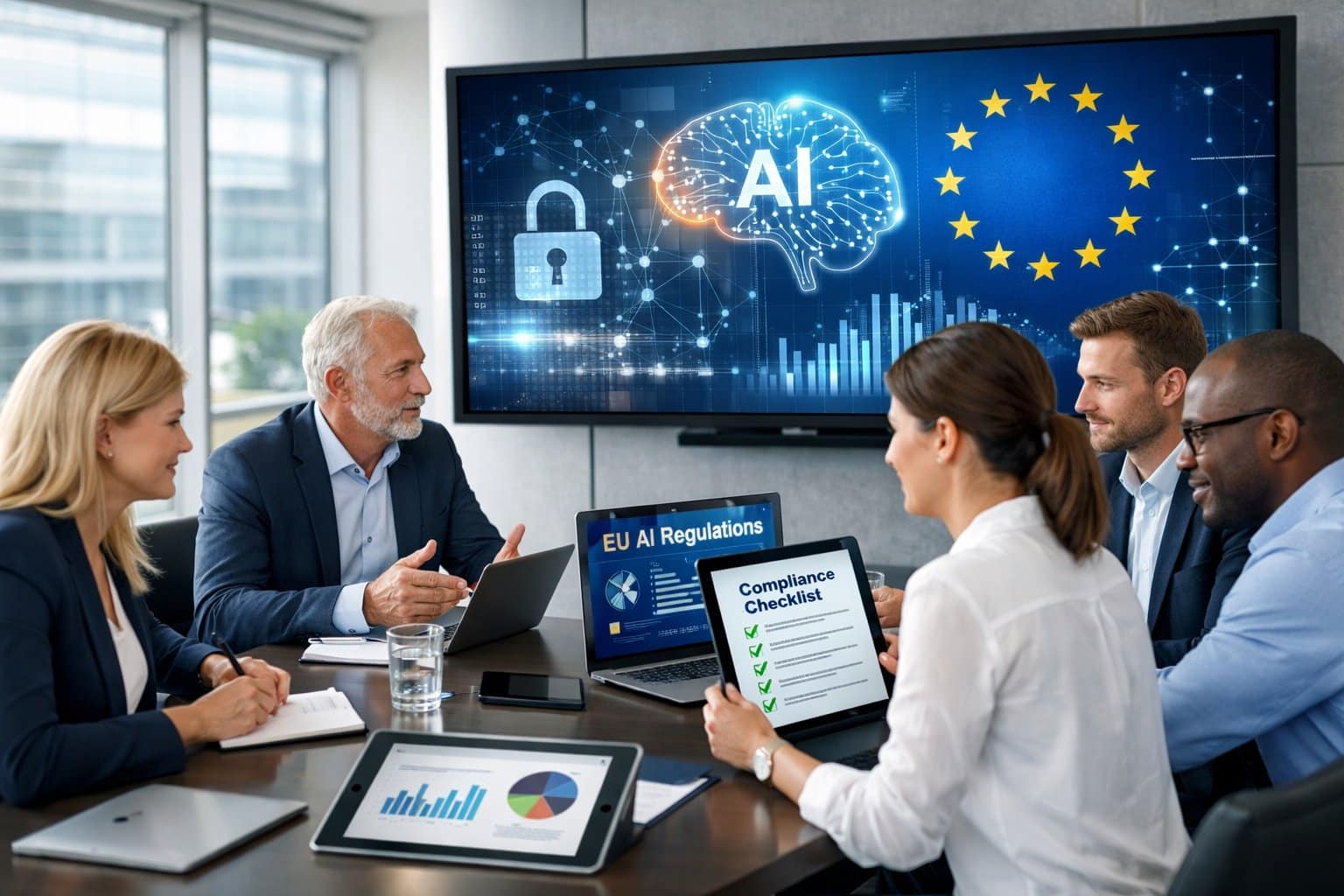 Is Your Chatbot Ready for the EU AI Act? Dutch Business Compliance Guide 1 A group of business professionals in a modern office meeting around a table with laptops and digital devices, discussing technology and compliance.