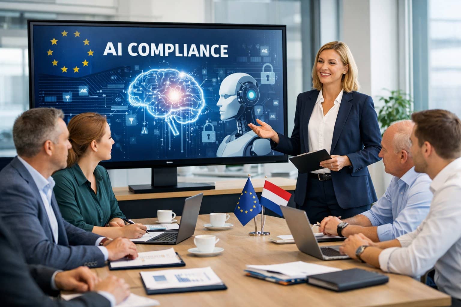 Is Your Chatbot Ready for the EU AI Act? Dutch Business Compliance Guide 2 A group of business professionals in a meeting room discussing AI compliance with a digital screen showing AI graphics and EU symbols.