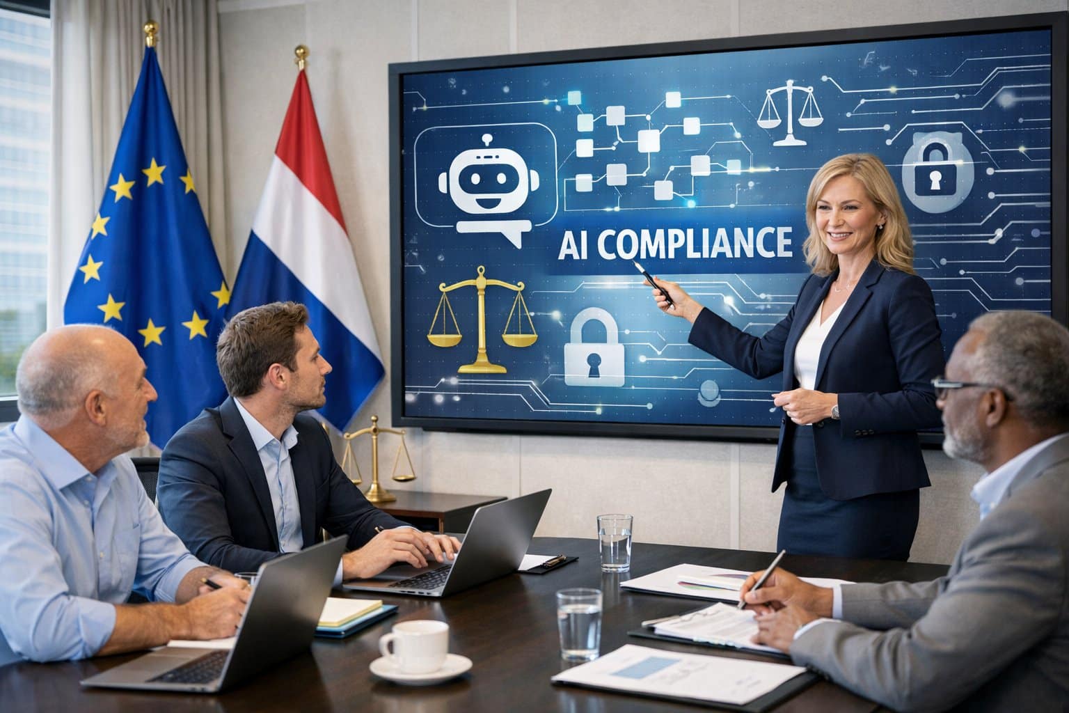 Is Your Chatbot Ready for the EU AI Act? Dutch Business Compliance Guide 3 A group of business professionals in an office discussing AI chatbot compliance with a digital screen showing AI graphics.