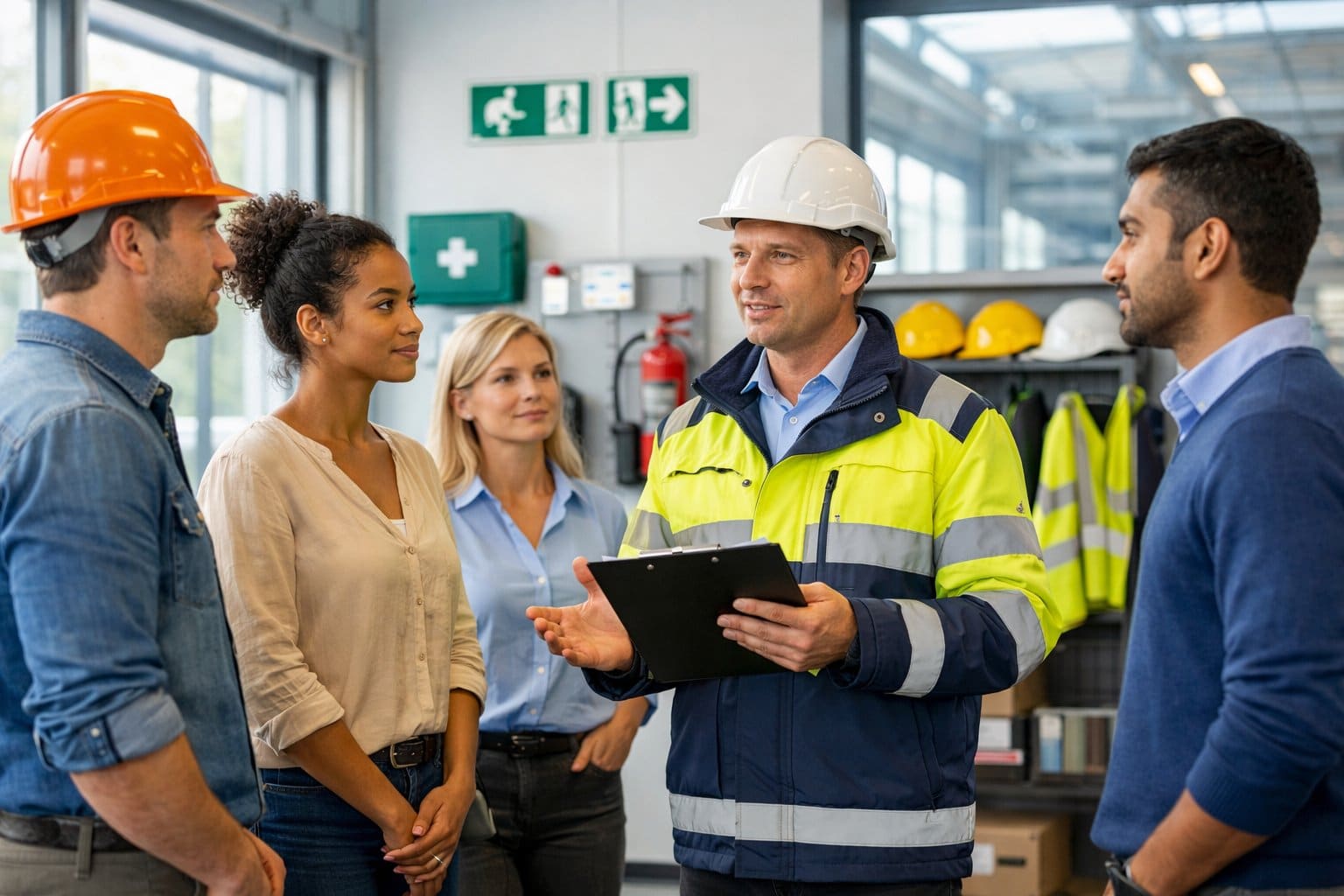 A group of employees and a safety officer discussing workplace safety in a modern Dutch office or industrial setting.