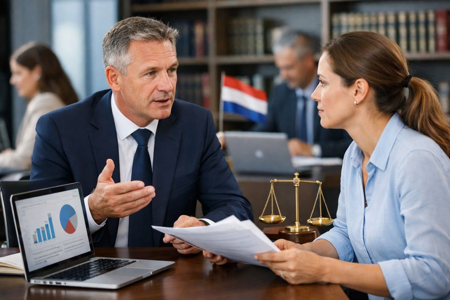 A lawyer explaining workplace accident compensation to an employee in a modern office setting.