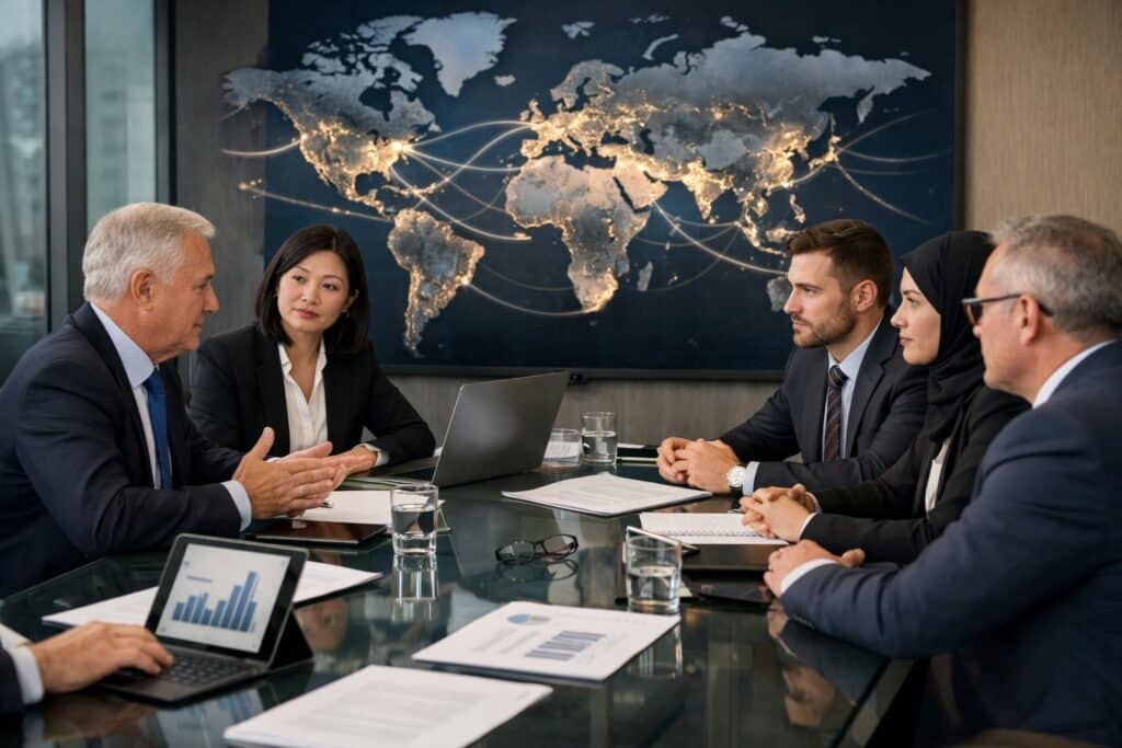 International Dispute Resolution: Arbitration and Cross-Border Commercial Conflicts Explained 2 A diverse group of business professionals in a modern conference room discussing documents and laptops, with a world map in the background.