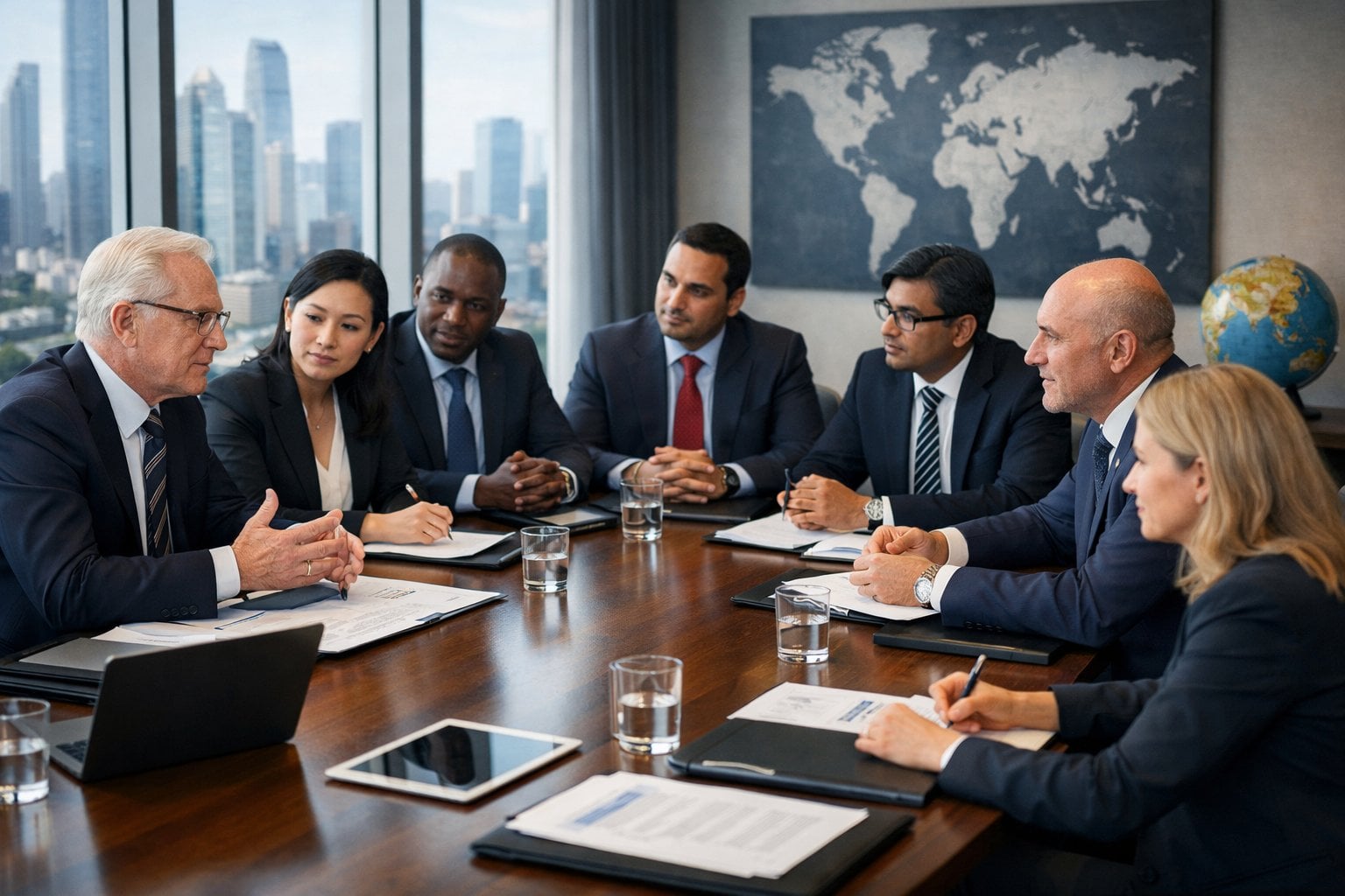 International Dispute Resolution: Arbitration and Cross-Border Commercial Conflicts Explained 3 A group of diverse business professionals in formal attire discussing around a conference table in a modern office with a city skyline visible through large windows.