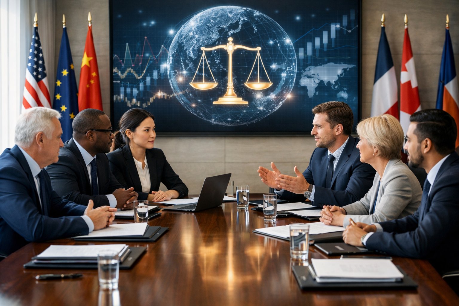 International Dispute Resolution: Arbitration and Cross-Border Commercial Conflicts Explained 4 A group of diverse business professionals in a conference room discussing documents around a large table with international flags in the background.