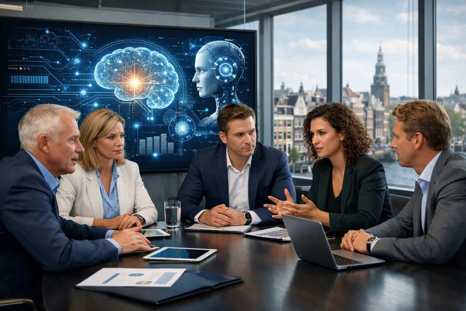 A group of business professionals in a modern office having a focused discussion around a conference table with digital screens and city views in the background.