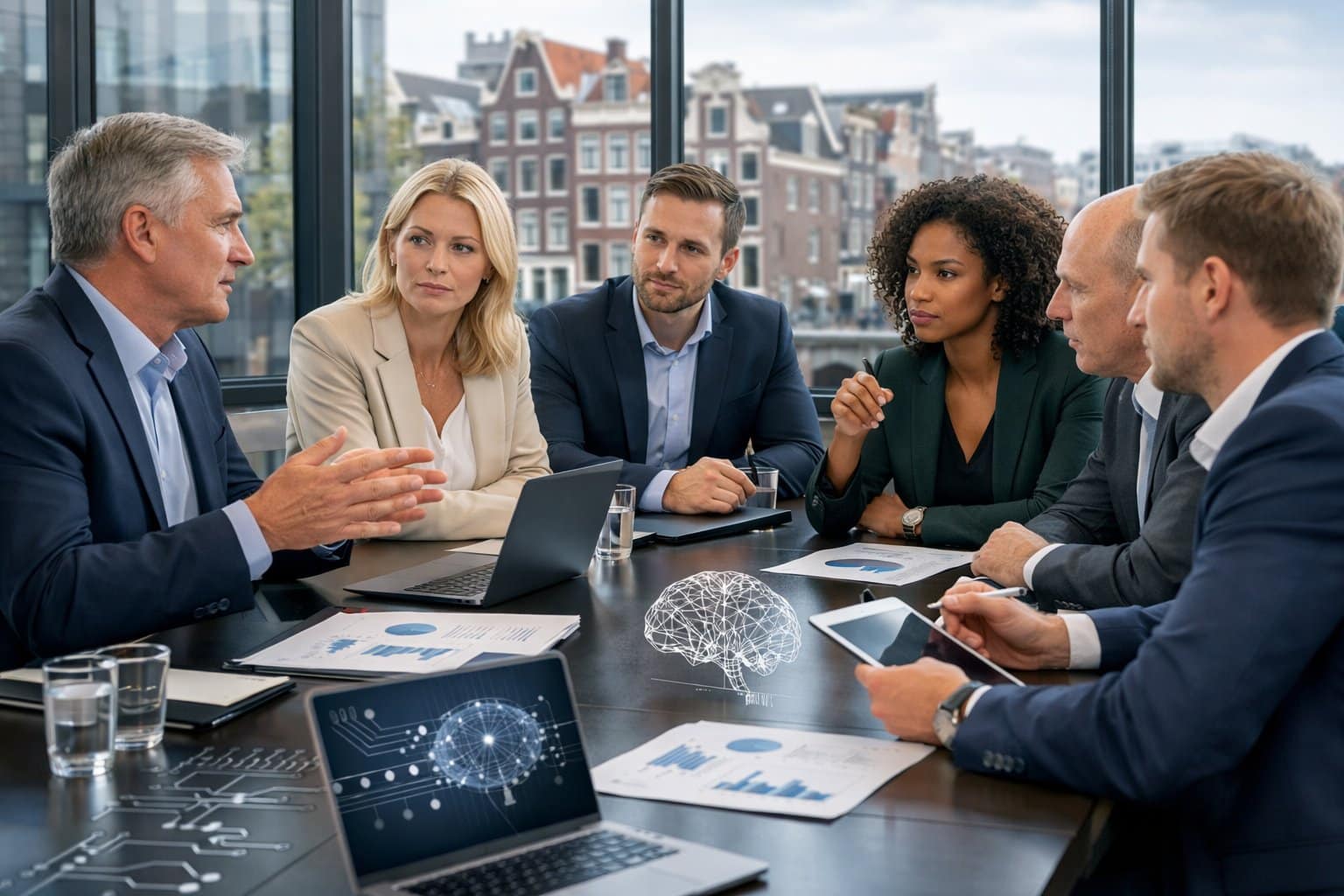 A group of business professionals in a modern office discussing AI regulations with laptops and documents on a conference table, with a cityscape featuring Dutch architecture visible through large windows.