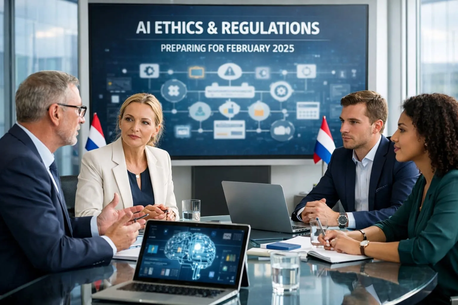 A group of businesspeople in a modern office discussing AI regulations around a table with digital devices and a large screen displaying AI-related graphics.