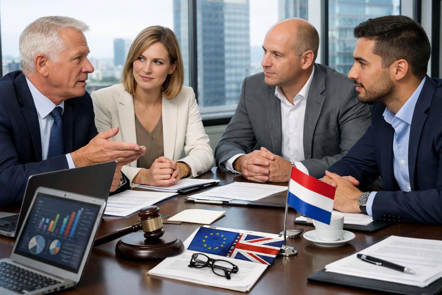 Brexit最新情報:オランダの起業家に対する法的影響3 近代的なオフィスで、都市の景色を見渡しながら、テーブルの上に書類やノートパソコンを置き、法律やビジネス上の問題について話し合っている専門家のグループ。