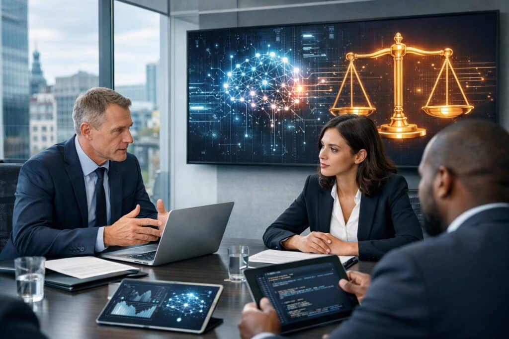 A group of business professionals discussing AI and legal matters around a conference table in a modern office with a digital screen showing AI and justice symbols.