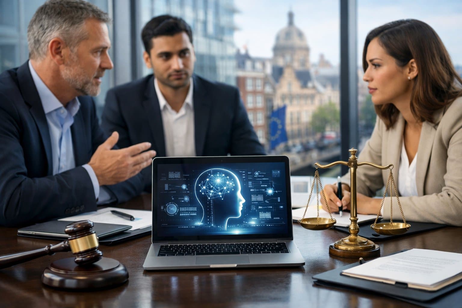 A group of professionals in a modern office discussing AI and legal issues with laptops, legal symbols, and a city view in the background.