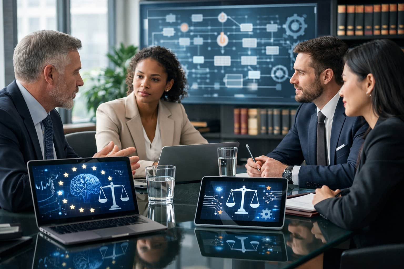 A group of legal professionals discussing AI and law around a conference table in a modern office with digital devices and a large screen showing abstract legal and AI graphics.