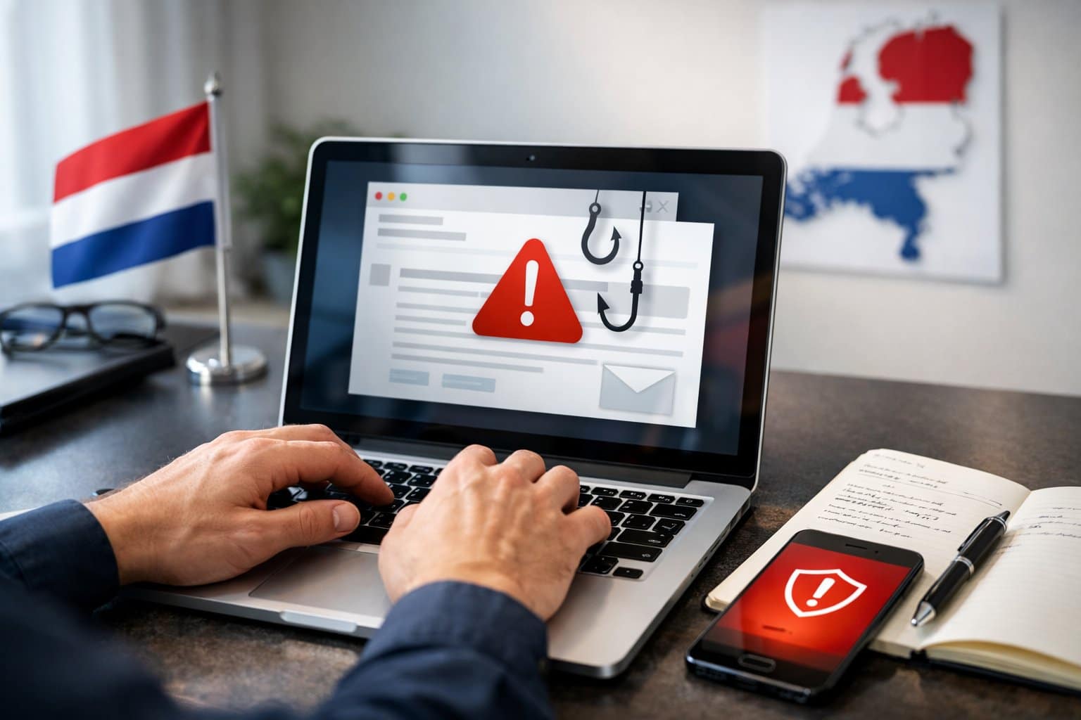 A person typing on a laptop showing a suspicious email with a Dutch flag in the background, surrounded by a smartphone with a security alert and a notepad with notes.
