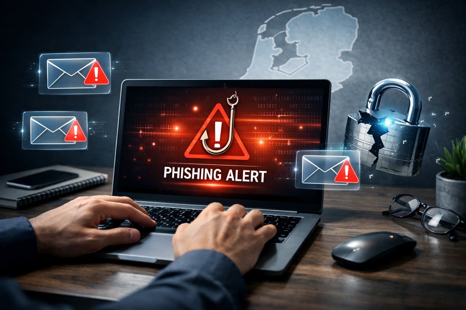 Hands typing on a laptop with a phishing warning on screen, surrounded by digital icons and a faint map of the Netherlands in the background.