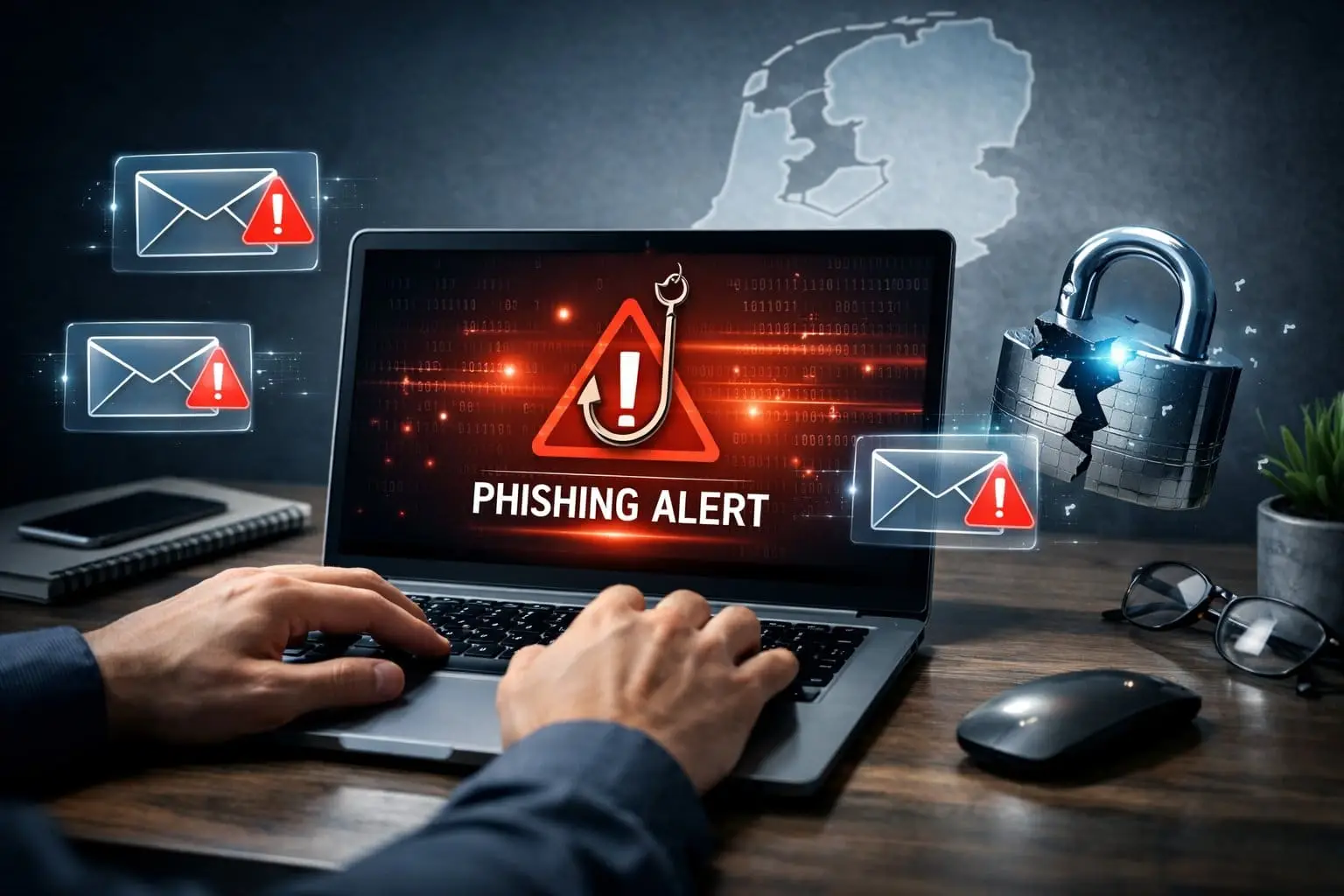 Online Fraud and Phishing: How Do You Prove Digital Deception in the Netherlands? 2 Hands typing on a laptop with a phishing warning on screen, surrounded by digital icons and a faint map of the Netherlands in the background.
