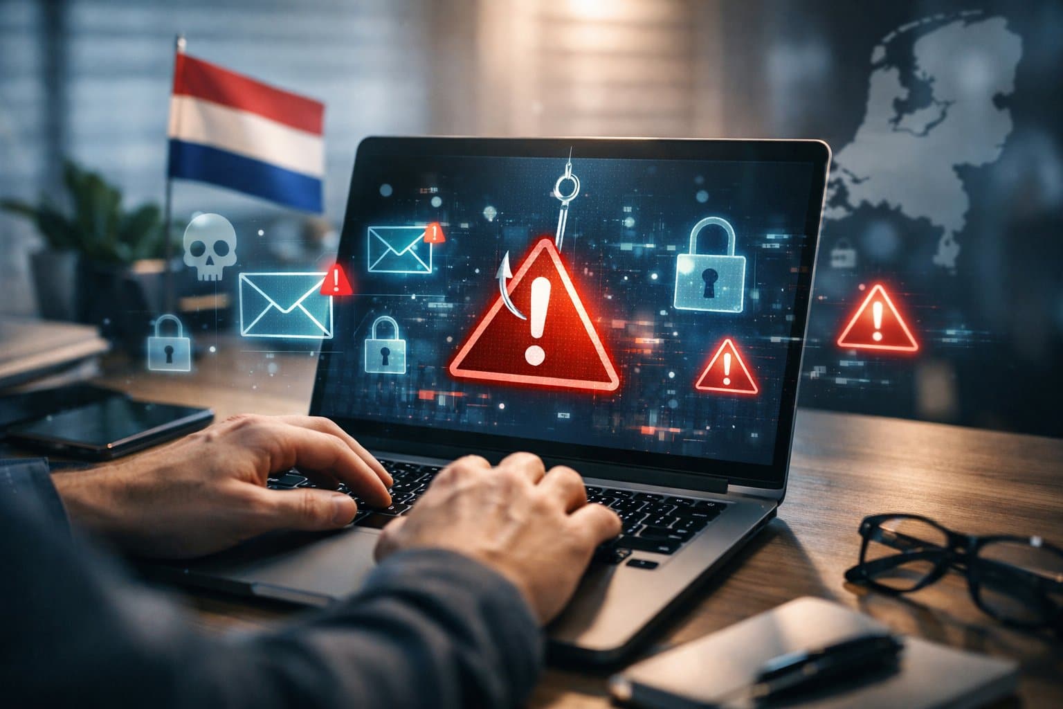 A person typing on a laptop showing a phishing warning, surrounded by digital icons representing online fraud, with subtle Dutch elements in the background.