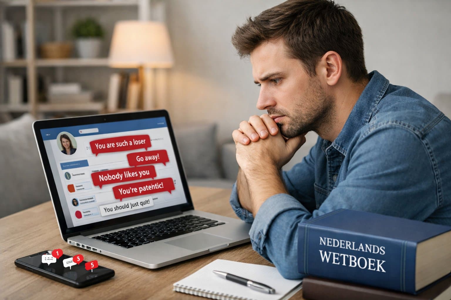 Cyberbullying and Online Reputation Damage: Your Legal Options in the Netherlands 3 A young adult looking concerned while using a laptop at a desk with a smartphone and legal documents nearby.