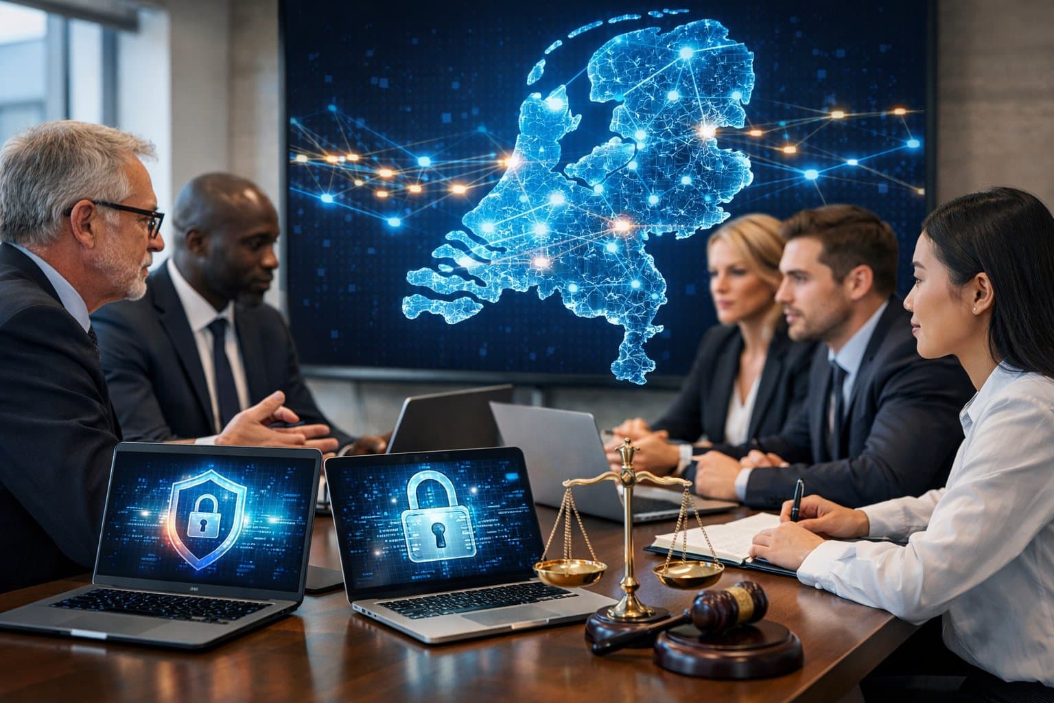 A group of professionals discussing cybersecurity and legal matters in an office with laptops and a digital map of the Netherlands showing network connections.