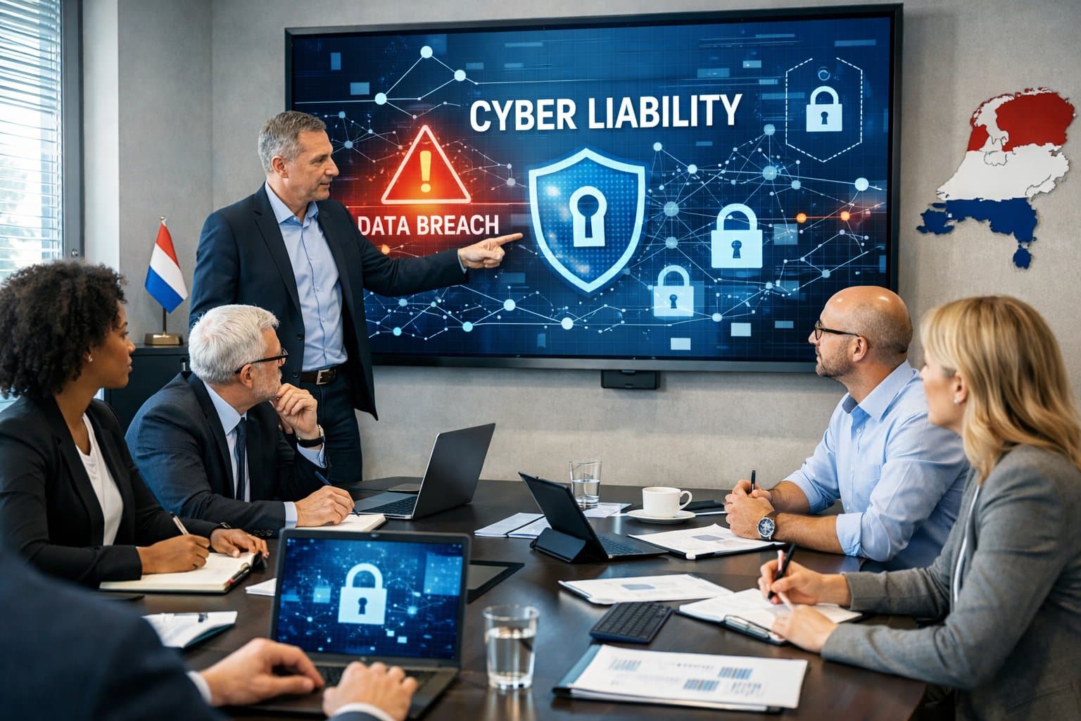 A group of professionals discussing cybersecurity and liability in a modern office with digital screens showing data breach graphics.