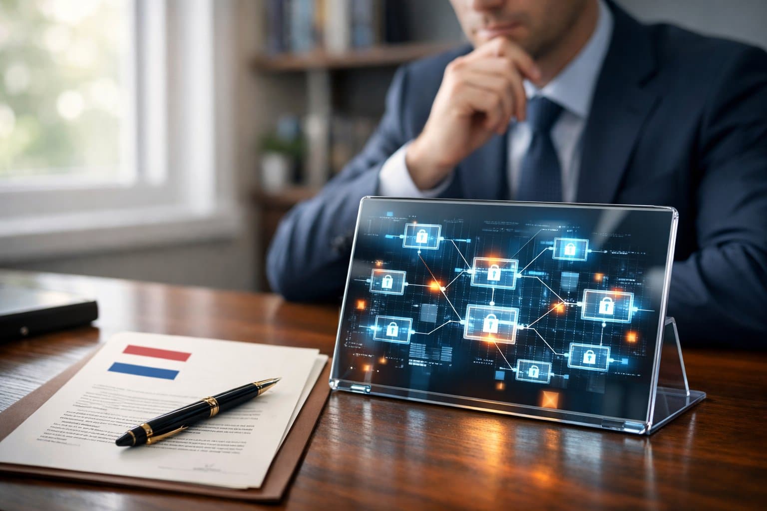 A person in business attire examining a digital tablet showing a blockchain network next to legal documents on a desk.