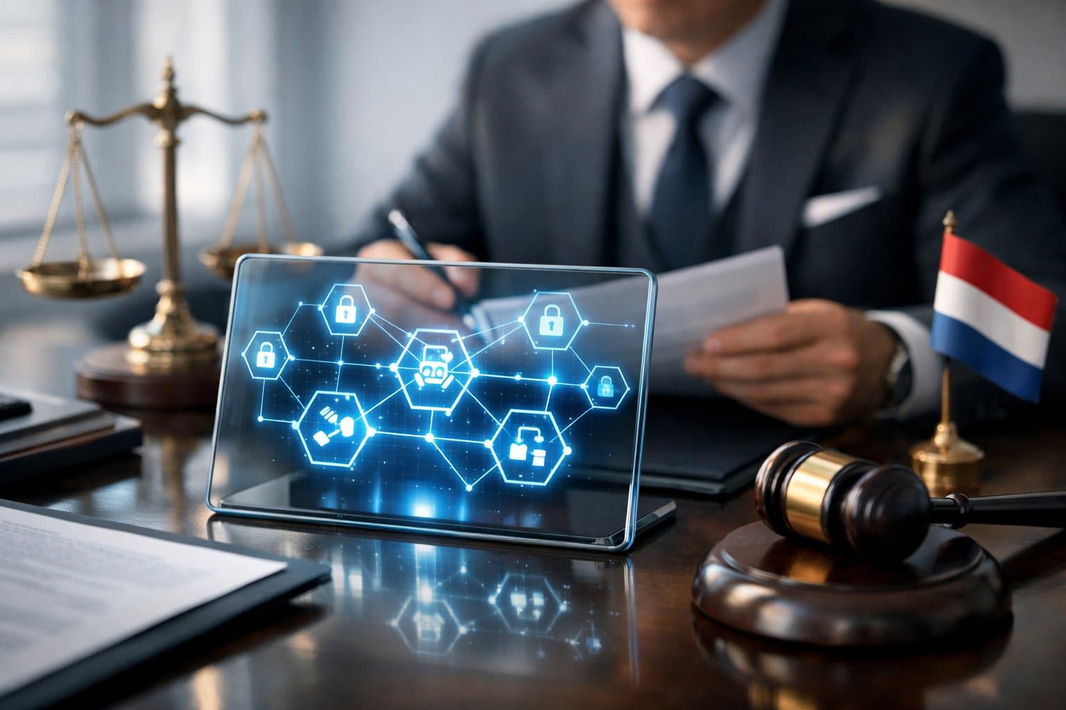 A business professional reviewing documents with a digital tablet showing a glowing blockchain network and legal symbols on a desk.