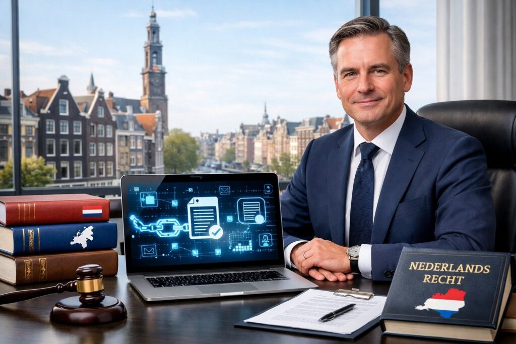 A business professional working at a desk with a laptop showing blockchain graphics, legal books nearby, and a city view of Amsterdam in the background.