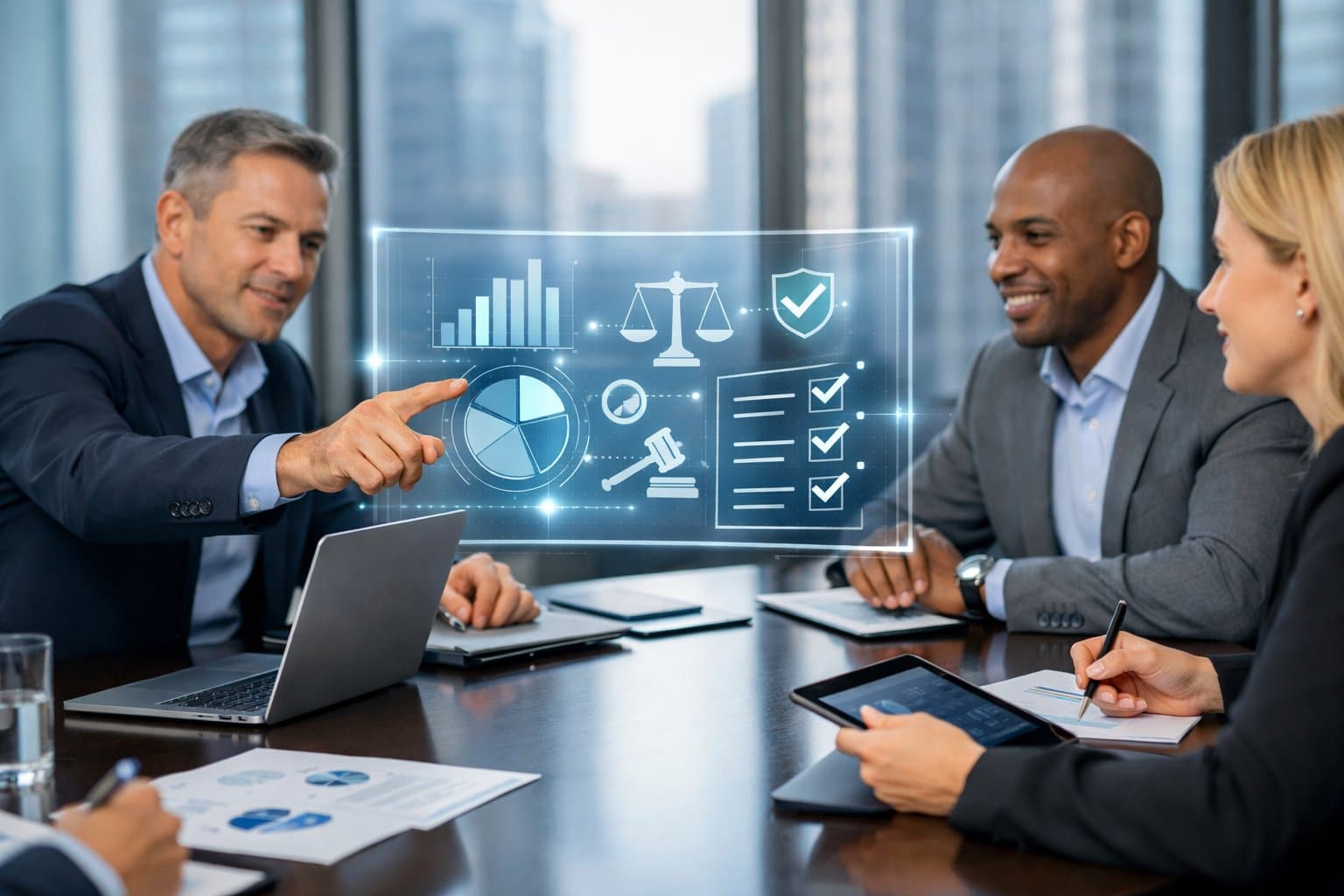 Business professionals collaborating around a conference table with laptops and digital devices, discussing AI technology and legal compliance in a bright modern office.