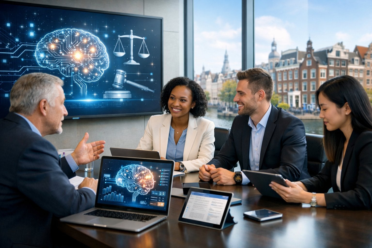 A group of business professionals discussing AI technology and legal compliance around a table in a modern office with a city view.