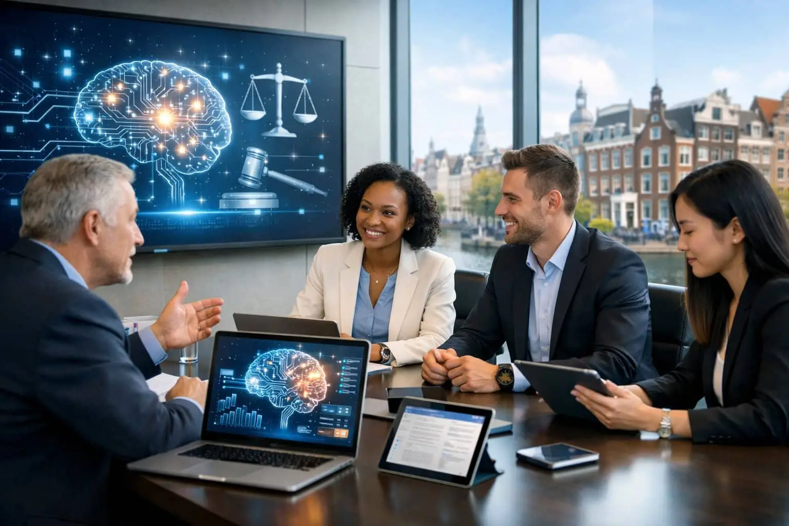 Grupa profesjonalistów biznesowych dyskutuje o technologii sztucznej inteligencji i zgodności z przepisami prawa przy stole w nowoczesnym biurze z widokiem na miasto.