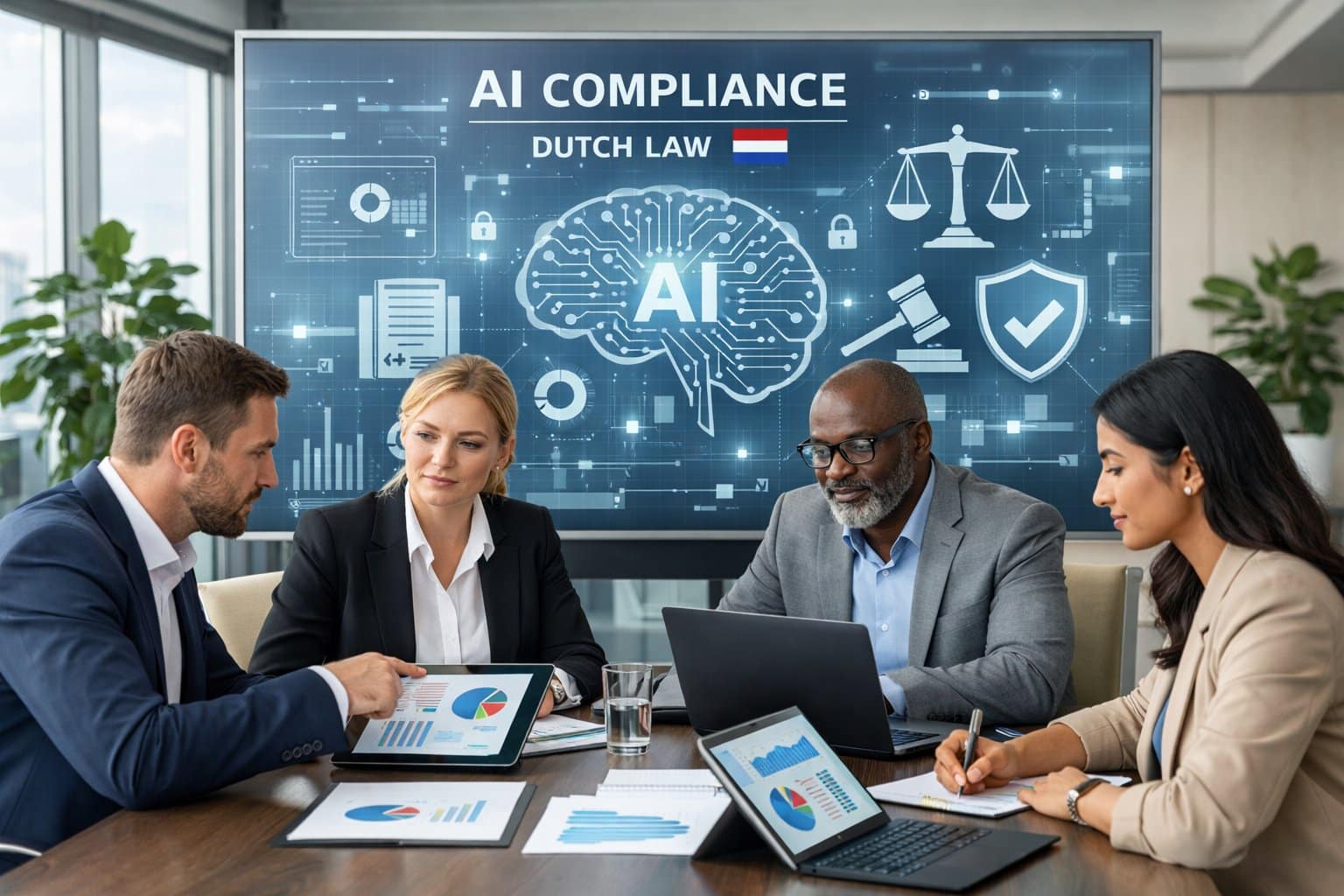 A group of business professionals working together around a table with laptops and documents in a modern office, with digital graphics related to AI and compliance displayed in the background.