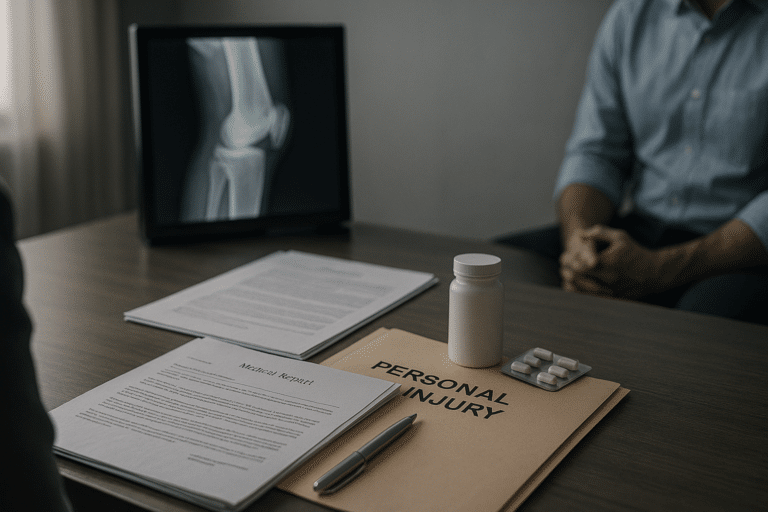 სამედიცინო დოკუმენტაცია და იურიდიული ფაილები მაგიდაზე დამამძიმებელ გარემოებებში ჩადენილი ფიზიკური ძალადობისა და სერიოზული სხეულის დაზიანების კონტექსტში