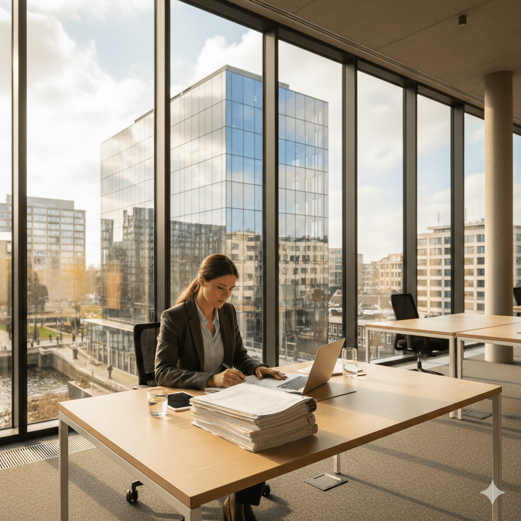 Entrepreneur reviewing legal documents at a modern desk by the window, with a business district view in the background — symbolizing the process of incorporating a private limited company in the Netherlands.