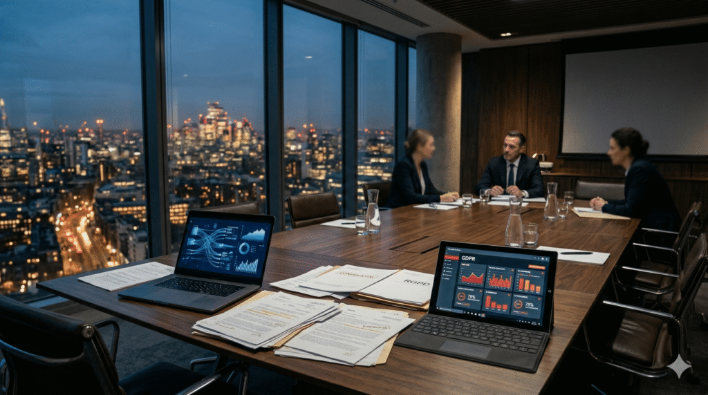 Corporate boardroom with laptop, legal documents and a GDPR compliance dashboard showing warning indicators — illustration accompanying legal risks of data sharing under GDPR