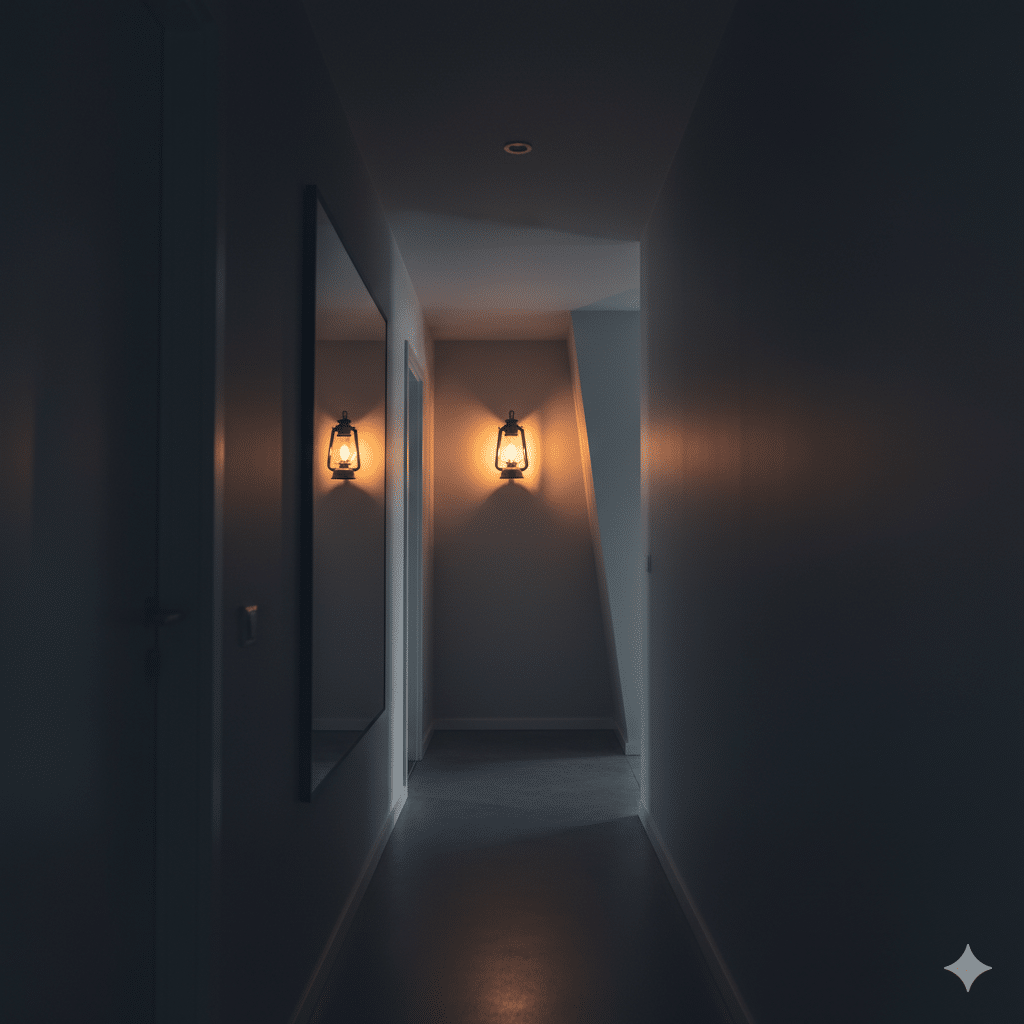 A dimly lit hallway with a flickering gas lamp casting distorted shadows, symbolising gaslighting as a form of psychological domestic violence.