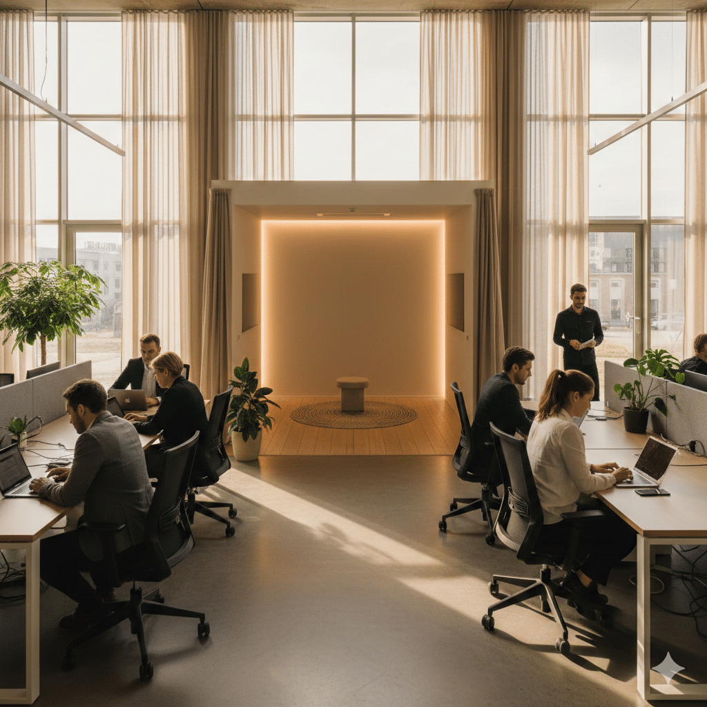 Modern office environment with a calm, designated prayer space visible in the background, illustrating freedom of religion in the workplace.