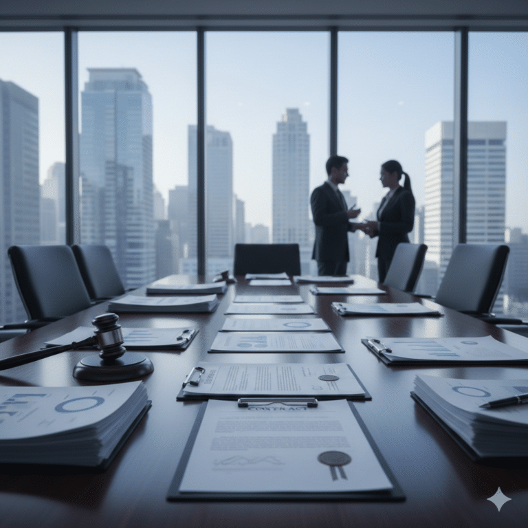 იურიდიული დოკუმენტები და ფინანსური ანგარიშები იურიდიულ ოფისში საკონფერენციო მაგიდაზე, საიდანაც ბიზნეს ჰორიზონტის ხედი იშლება, კარტელური ზიანის ანაზღაურებისა და კონკურენციის სამართლის სამართალწარმოების წარმომადგენელი.